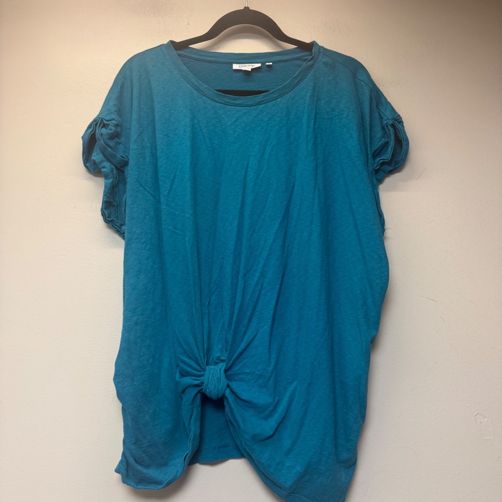Chico's Knot Front Top Women Size 3 XL Teal Blue Ruched Sleeve Cotton Excellent